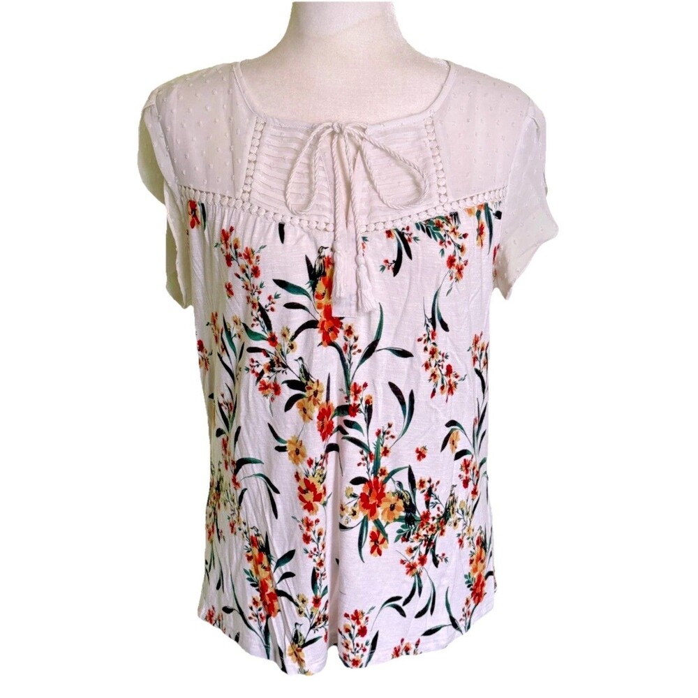 Women Floral Cottagecore Blouse Cream Boho Peasant Top Short Sleeve Size Medium